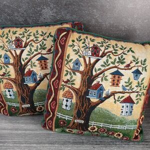 Vintage Tapestry Bird House Throw Pillow Set of 2 Pillows 15" x 15" Mohawk Home